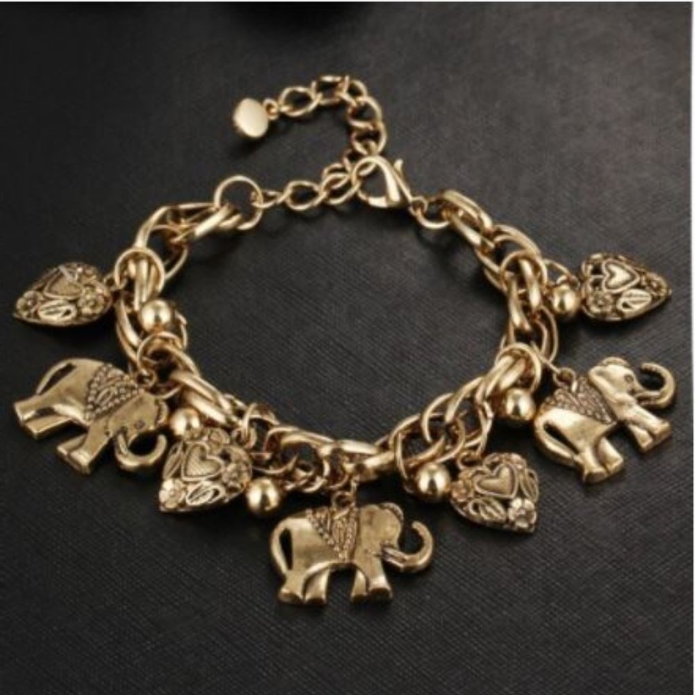 Boho Elephant Charm Bracelet Hearts Bells Bronze
